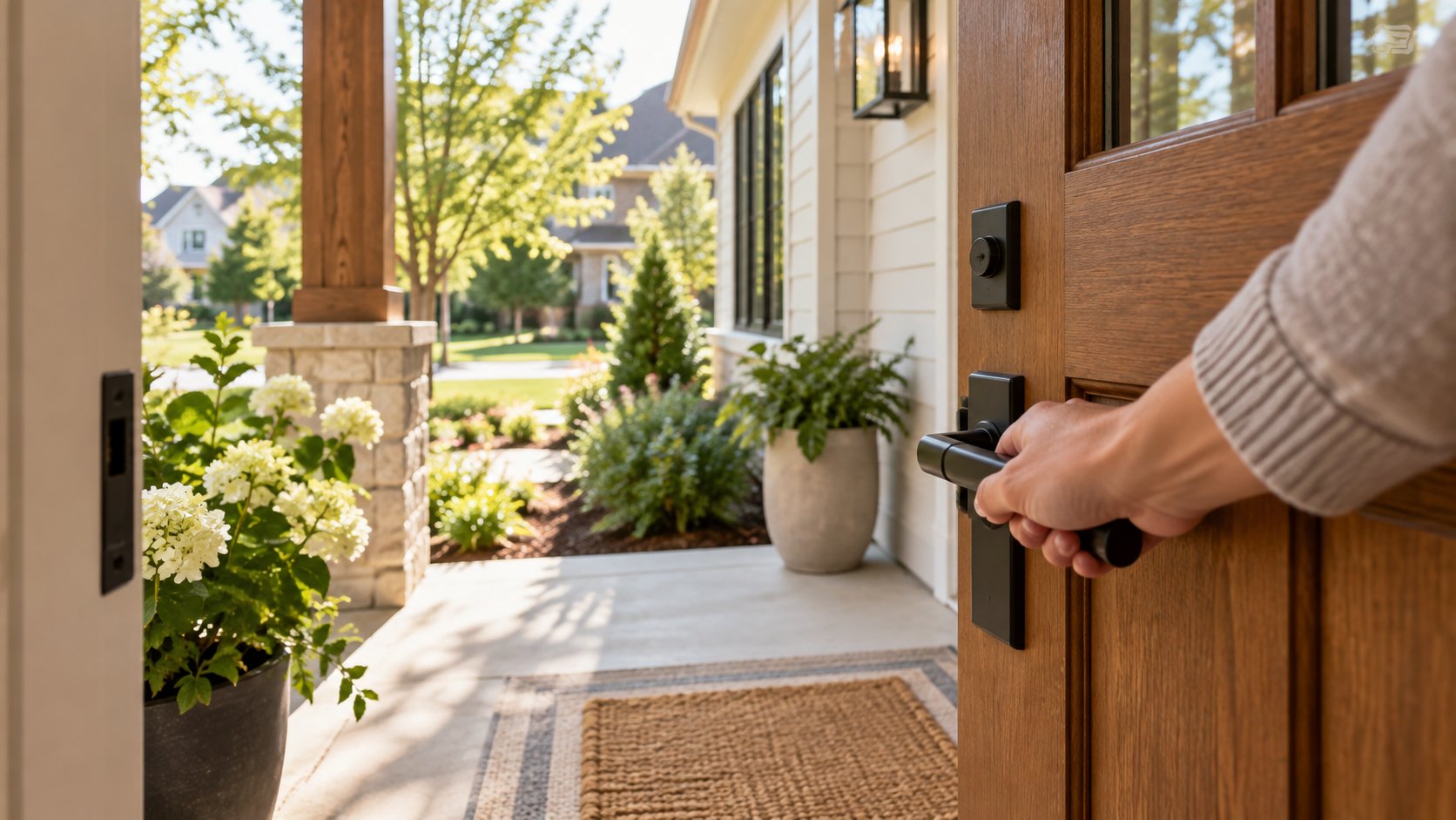 A hand opening the front door of a well-kept home